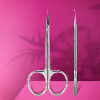 Professional hooked cuticle scissors EXPERT 51 Type 3 shown on pink background with palm shadow detail and side view angle