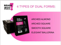 4X DUAL TIPS nail extension forms by Maris Kid showing 4 shape types: arched almond, arched square, smooth square, elegant ballerina