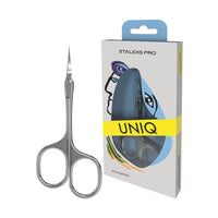 Professional Asymmetric UNIQ 30 TYPE 4 cuticle scissors with stainless steel finish and retail packaging by Staleks Pro