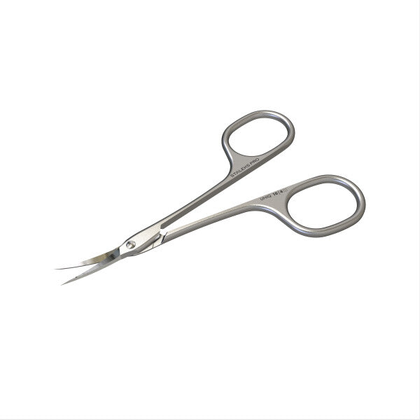 Professional Ballerina UNIQ 10 TYPE 4 cuticle scissors with curved blades in stainless steel, displayed on white background