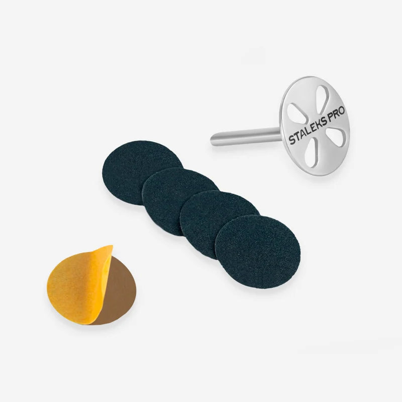 STALEKS PRO 20mm pedicure disk set with black sanding discs, metal holder and adhesive backing pad for professional use
