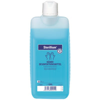 Sterillium Händedesinfektionsmittel 1L bottle with blue liquid hand sanitizer and white cap showing hand hygiene icon