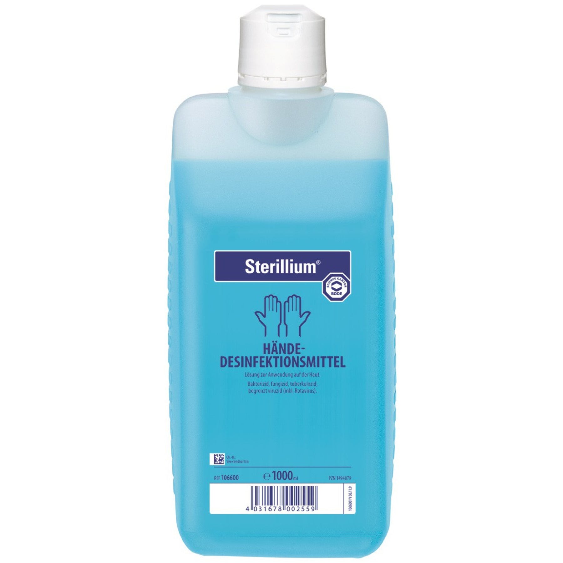Sterillium Händedesinfektionsmittel 1L bottle with blue liquid hand sanitizer and white cap showing hand hygiene icon