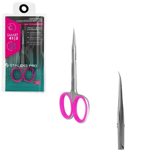 Staleks Smart SS-41/3 professional cuticle scissors with pink handles and stainless steel precision blades in retail packaging