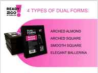 4X DUAL TIPS nail extension forms by Maris Kid showing 4 shape types: arched almond, arched square, smooth square, elegant ballerina
