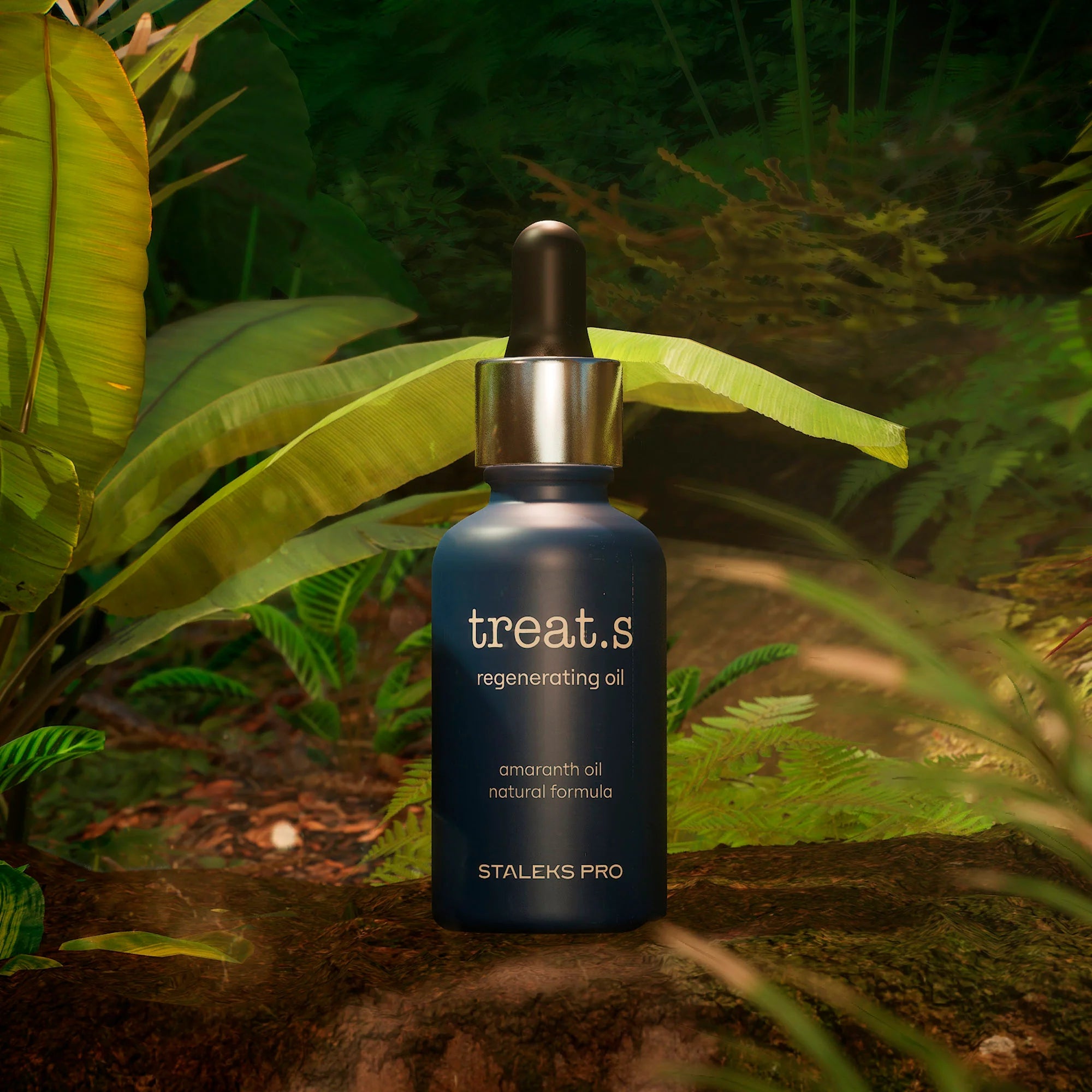 Hautregenerierendes Oil Pflege bottle with dropper against tropical forest background, featuring dark blue glass container