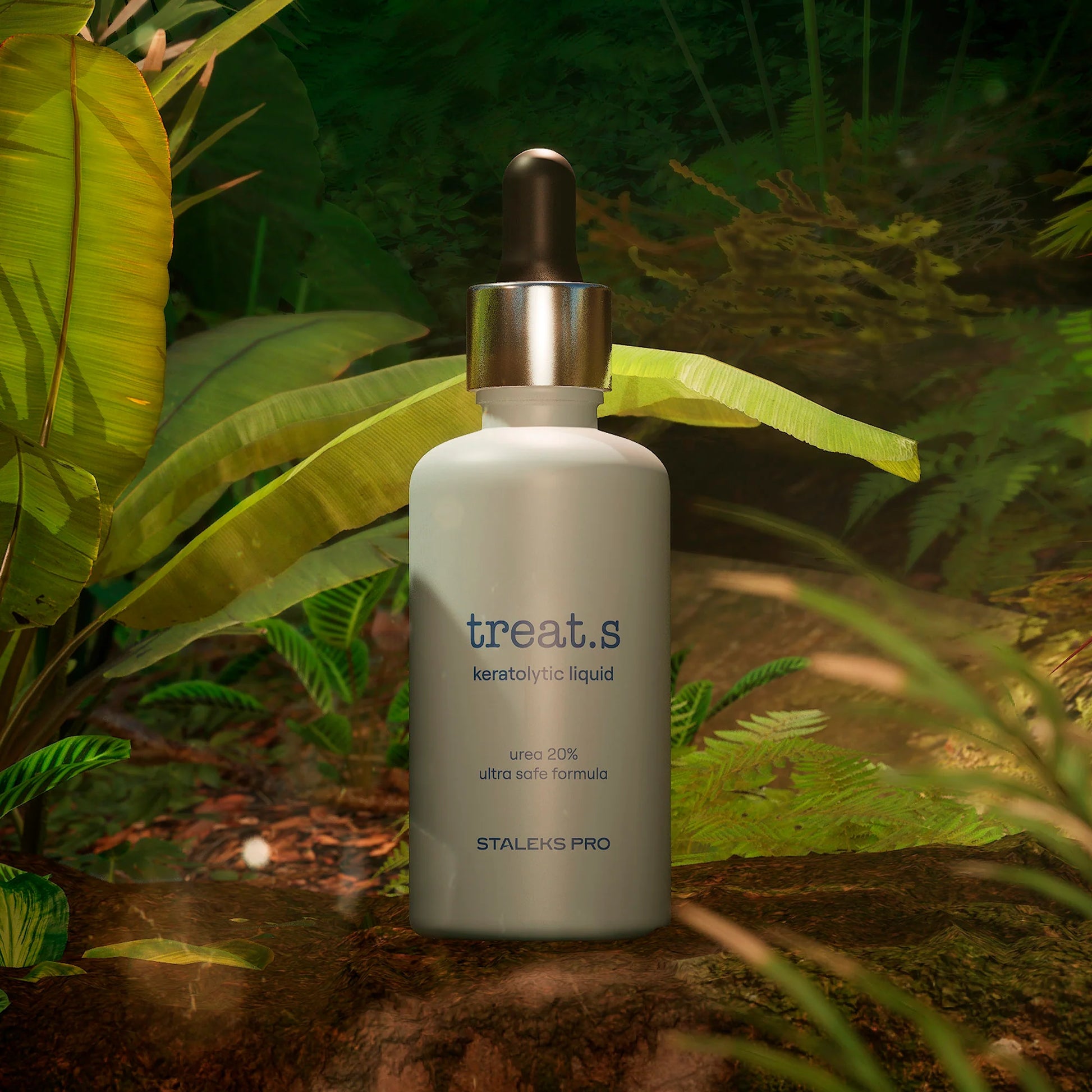 Keratolytic Treat.s 50ml dropper bottle against tropical green leaves, natural product photography