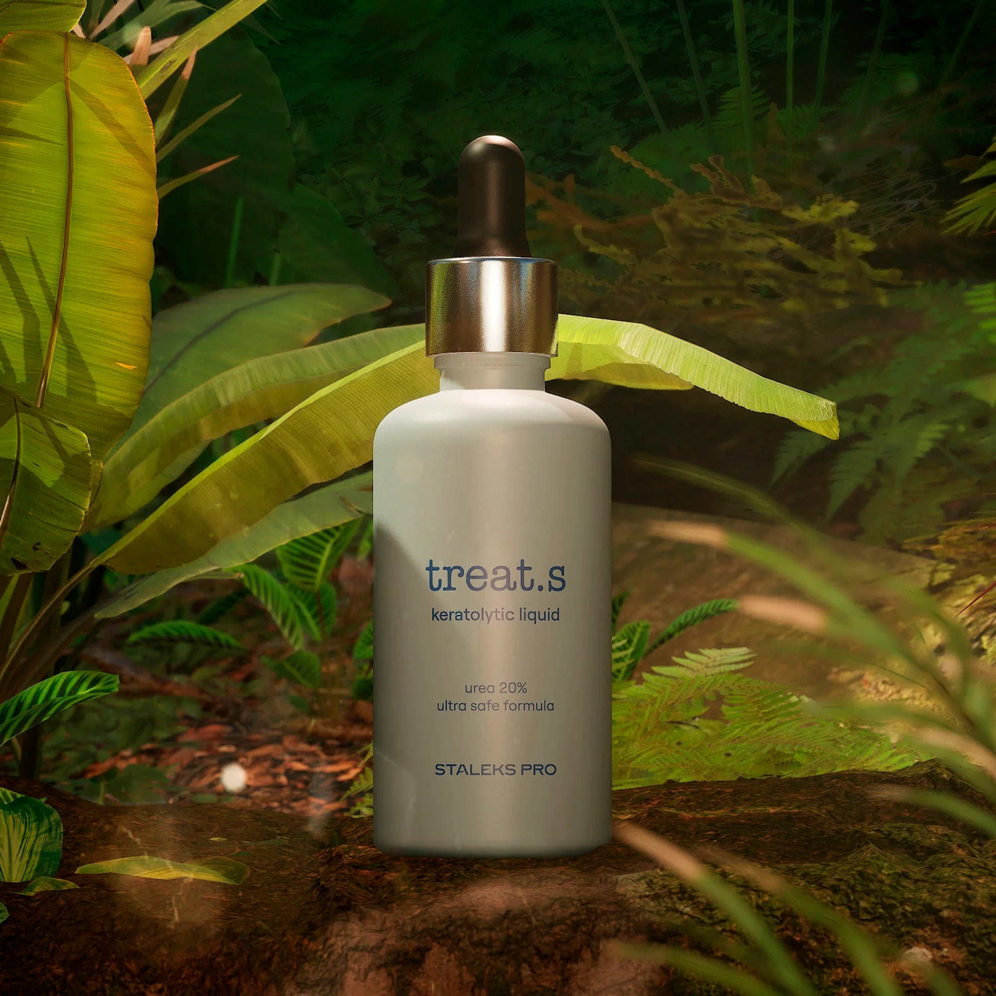 Keratolytic Treat.s 50ml dropper bottle against tropical green leaves, natural product photography