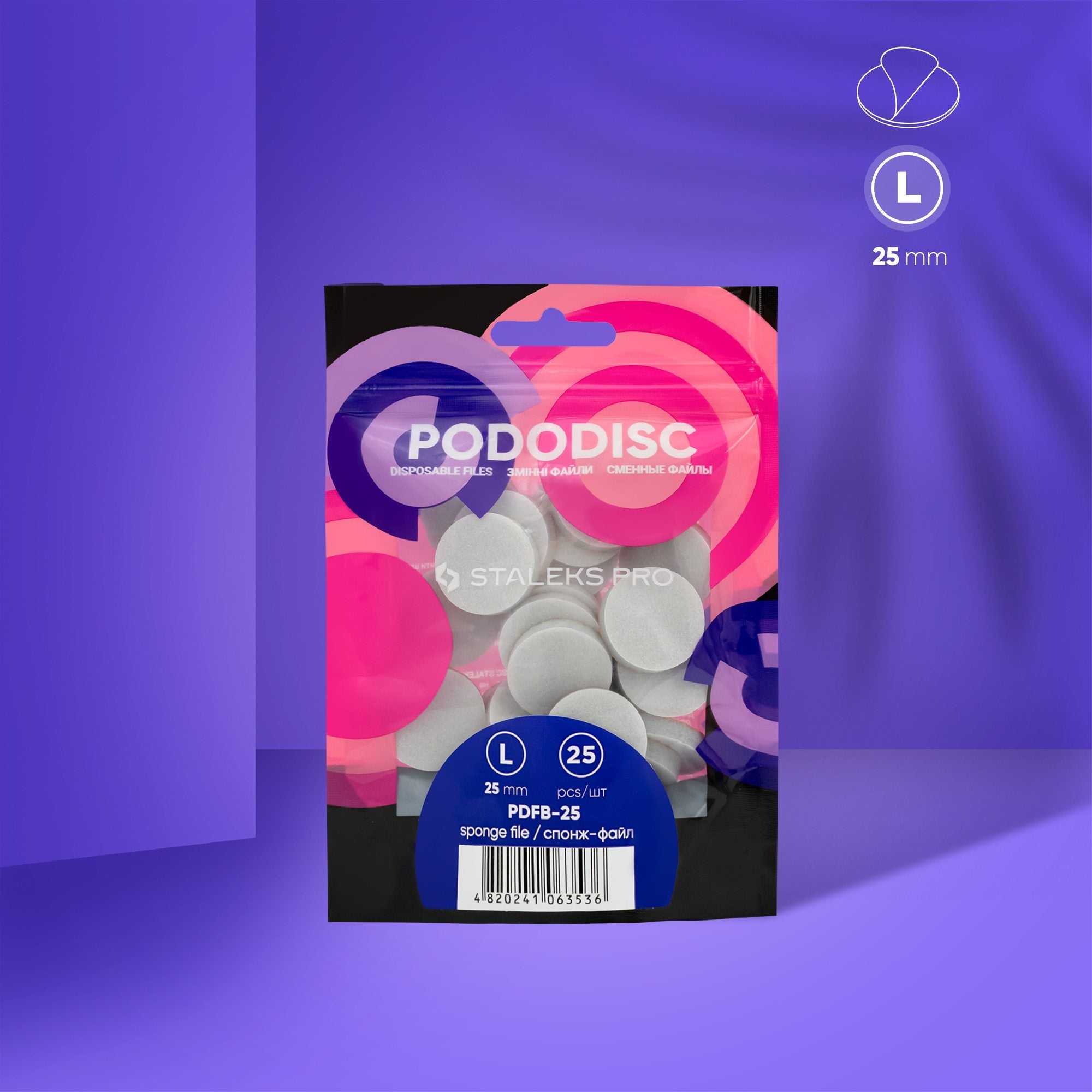 PODODISC STALEKS PRO L disposable sponge file pack of 25, pedicure disc refills shown on purple background